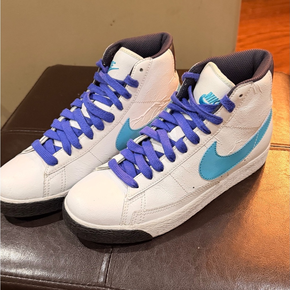 Nike White and Blue High-Tops with Black Soles